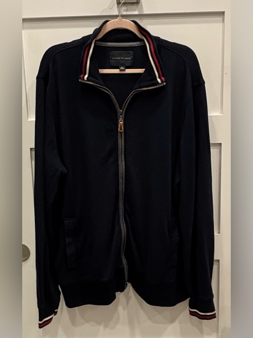 Banana Republic Men’s Navy Zip-Up Sweater Jacket with Red & White Trim